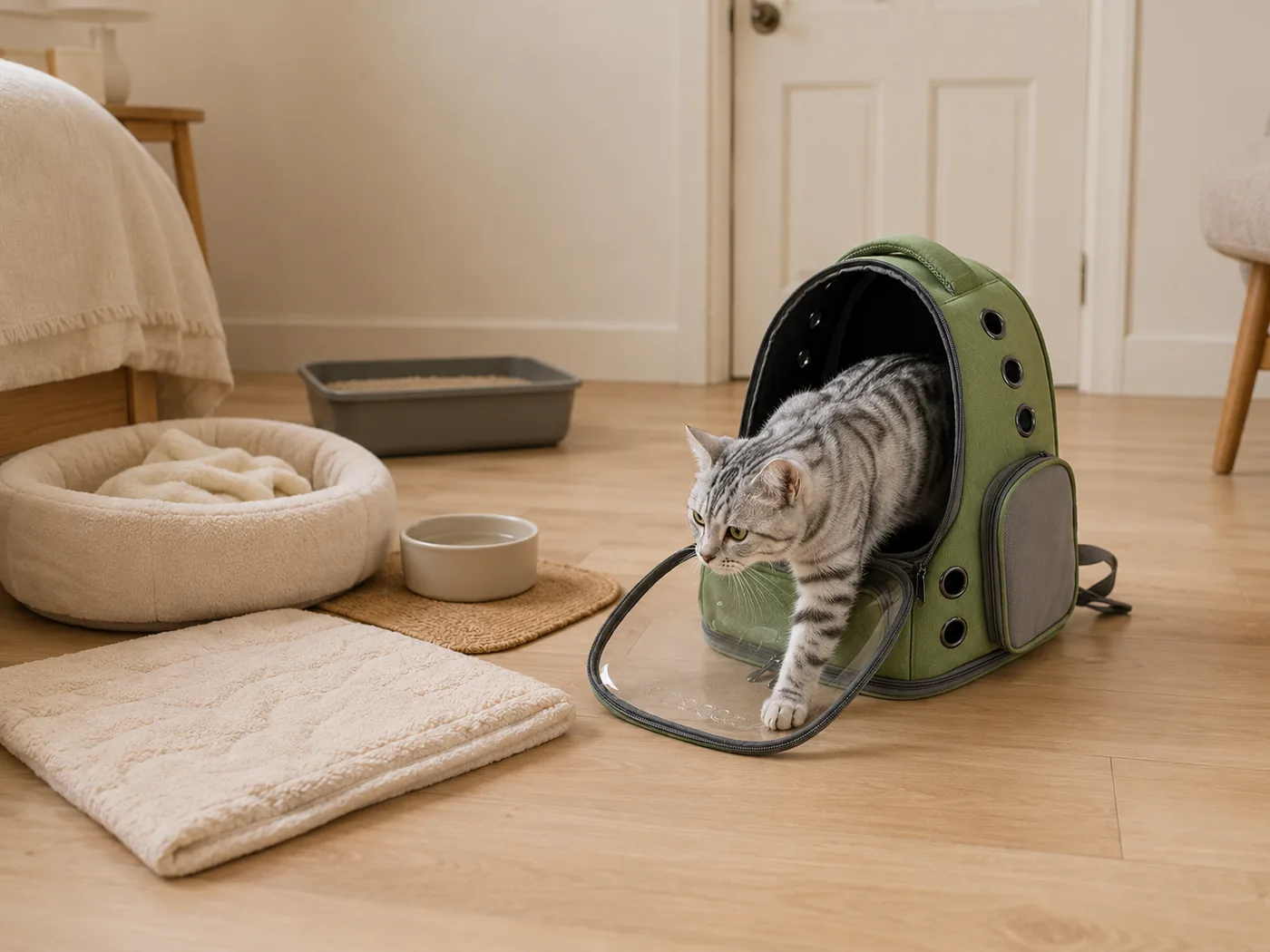 A cat stepping out of an open carrier into a prepared room with a litter tray, bowls and a bed
