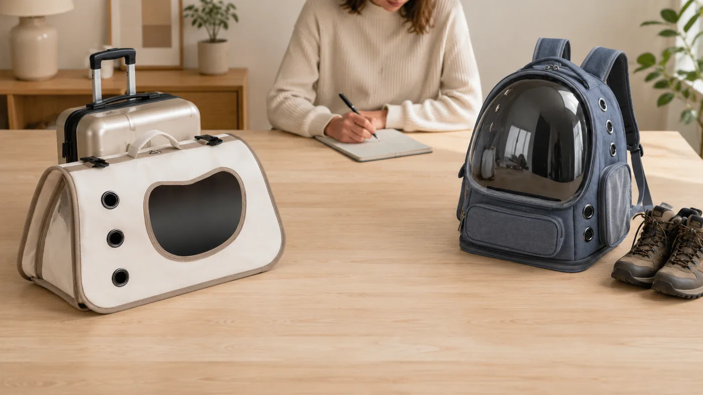 The bubble backpack and the shoulder bag side by side on a table, showing the difference in width