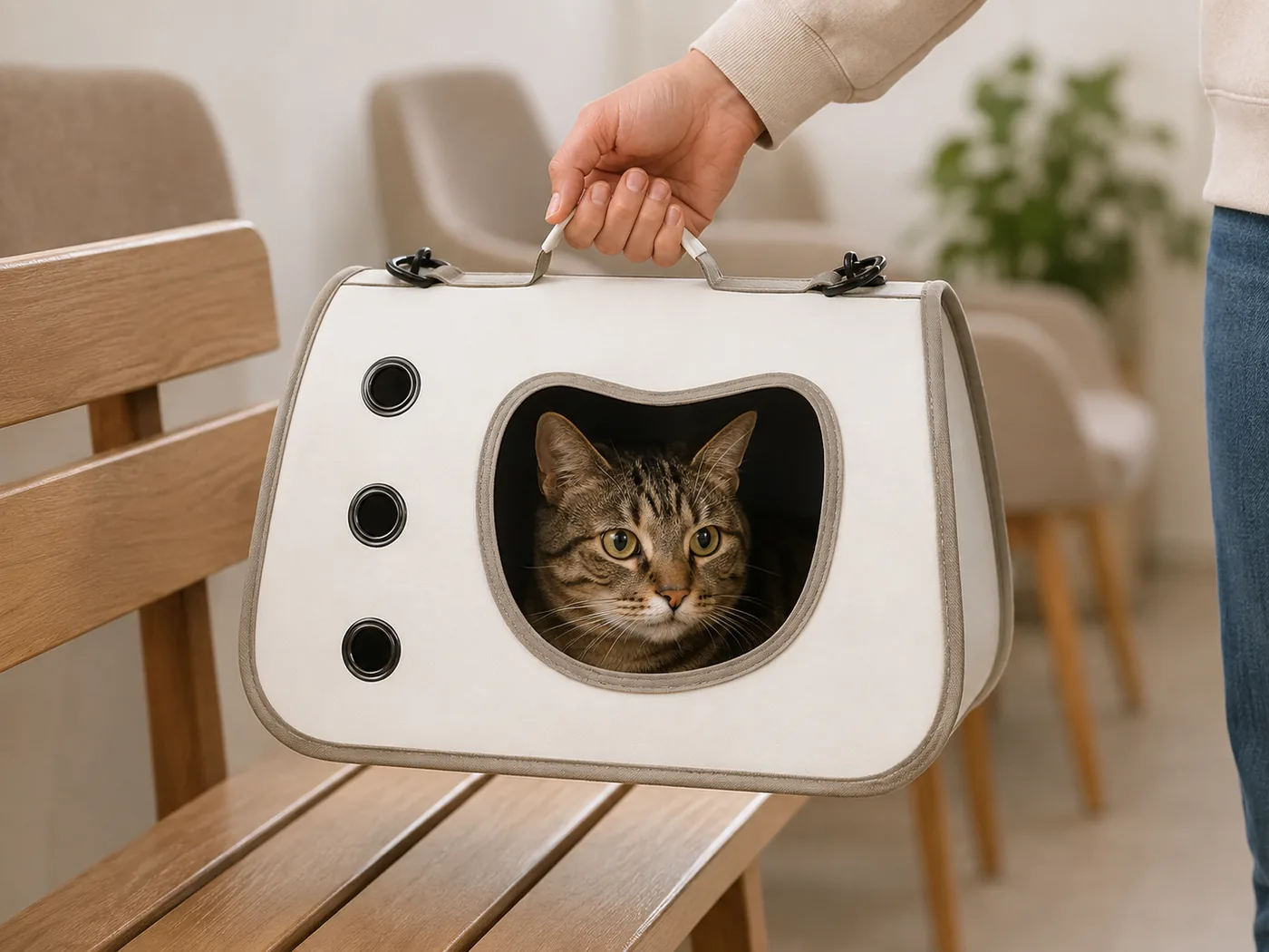 A hand lifting the shoulder carrier by its top handle, the cat sitting calmly inside
