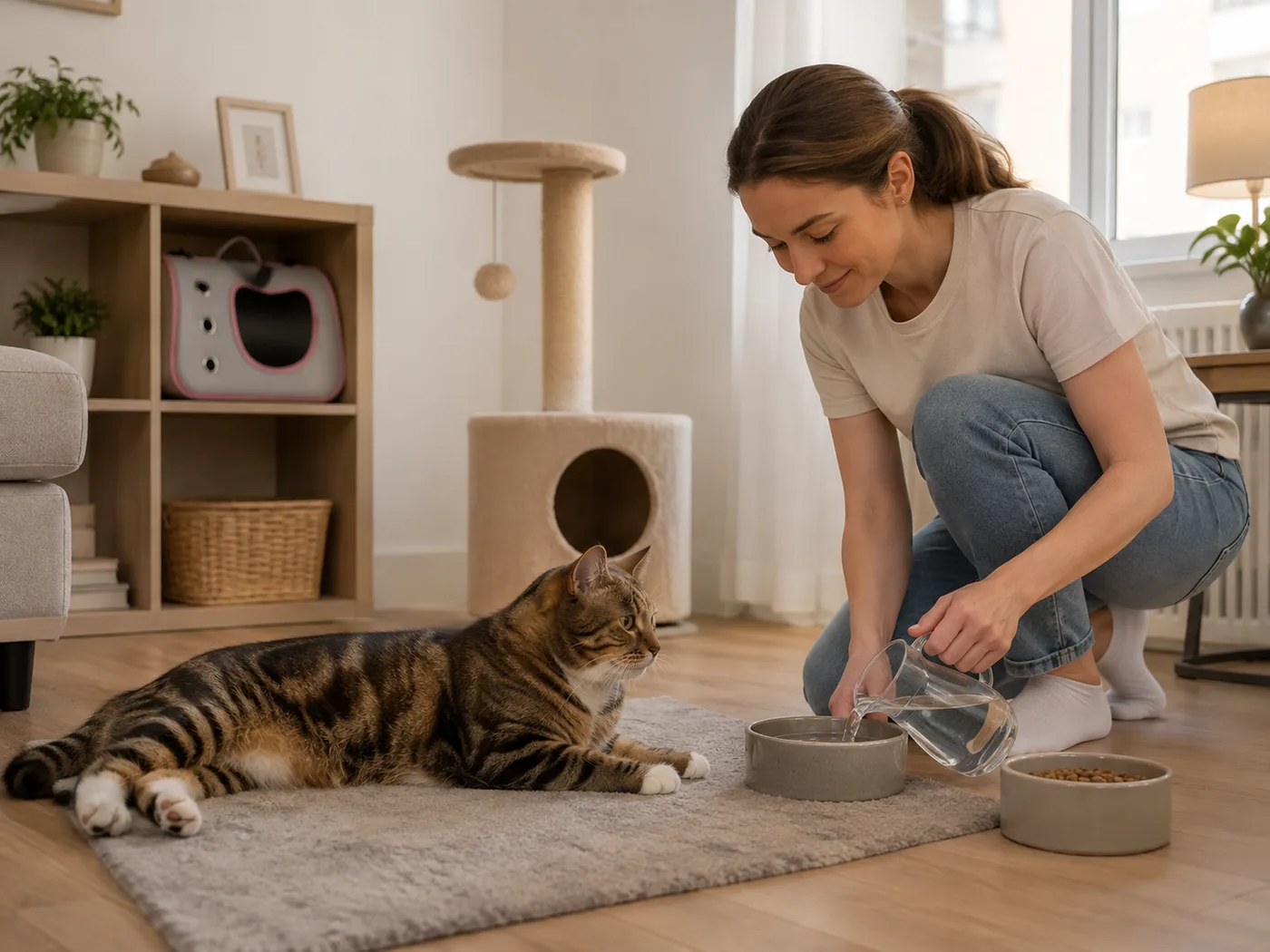 A person setting down food and water bowls at home while the cat rests on a rug