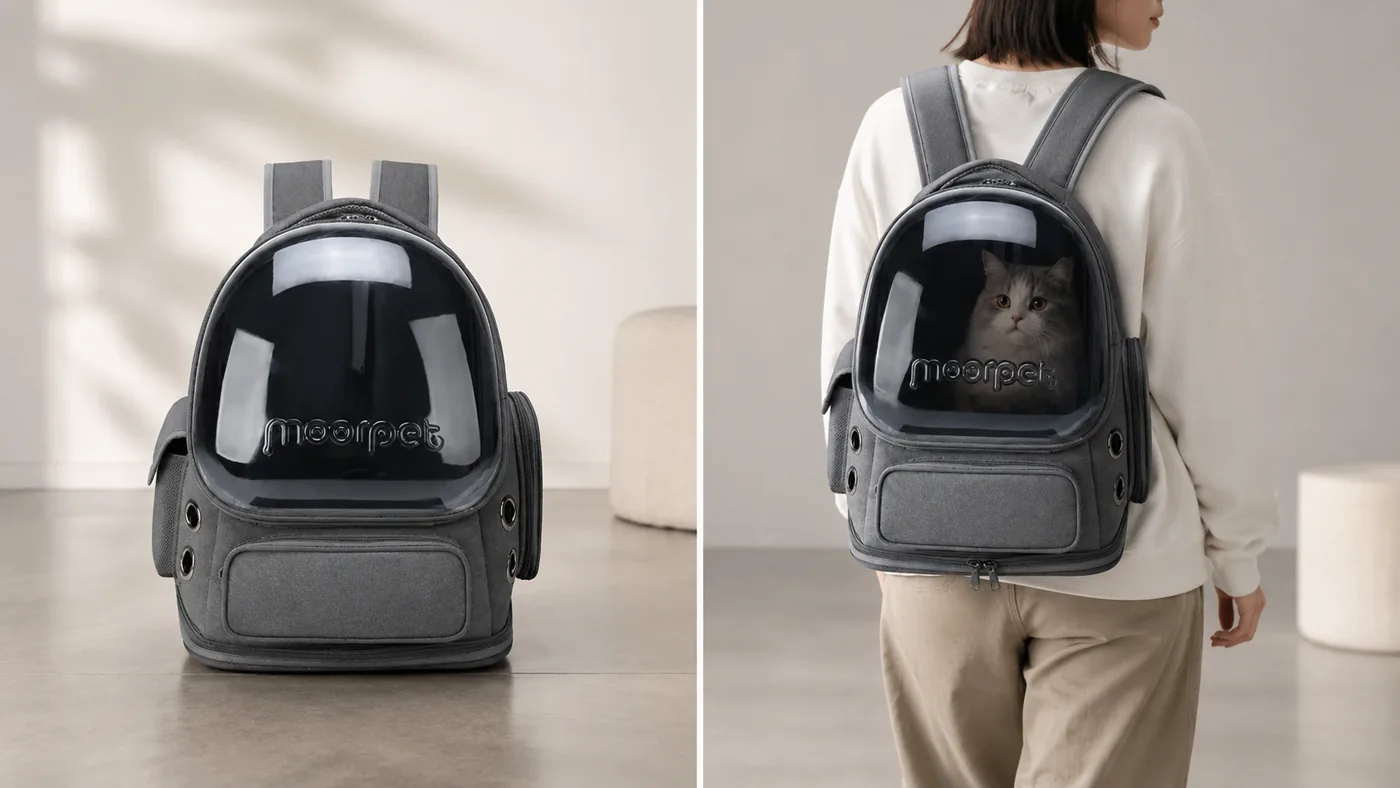 The backpack seen empty and then worn, keeping the same shape either way