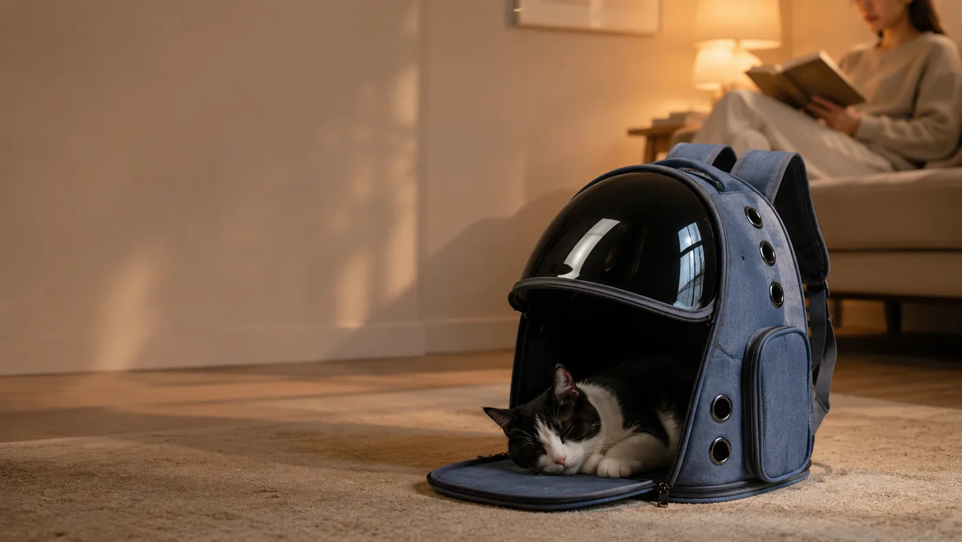 A cat asleep inside the open backpack in a living room while someone reads nearby