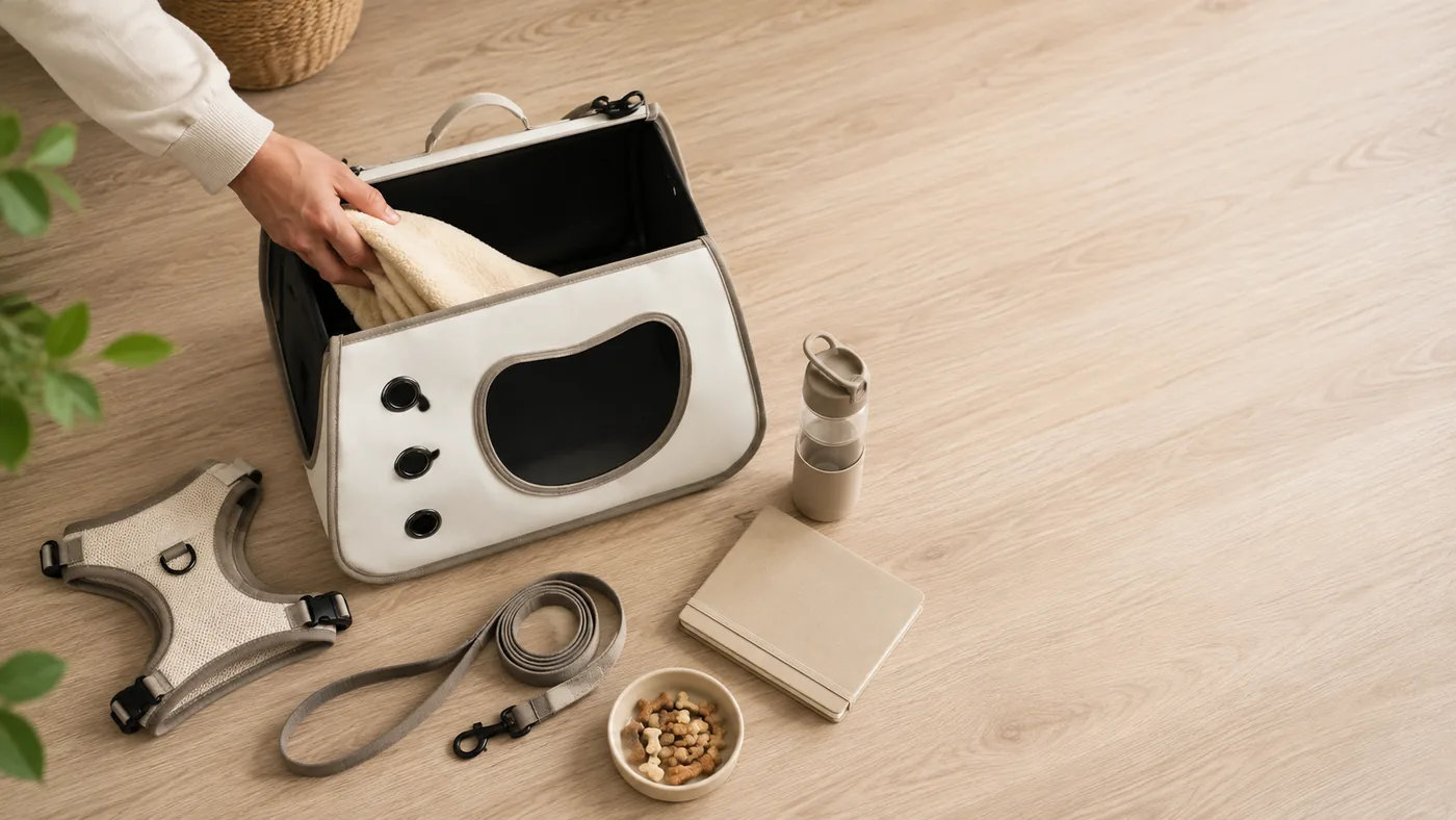 A soft cat carrier laid out on a floor beside a harness, lead, folding bowl and a small notebook