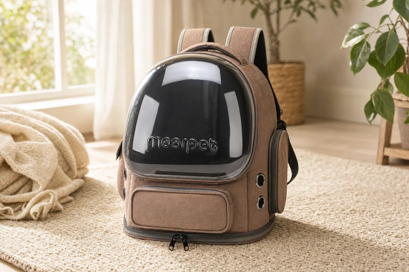 A beige bubble backpack standing open on a rug in a bright living room