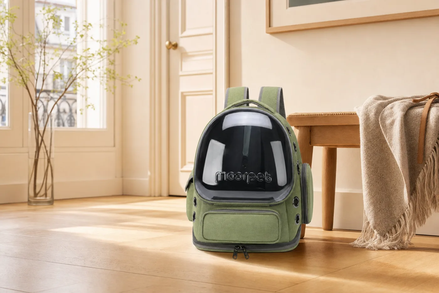 Olive green cat backpack with a clear front window, a grey tabby cat sitting inside looking out