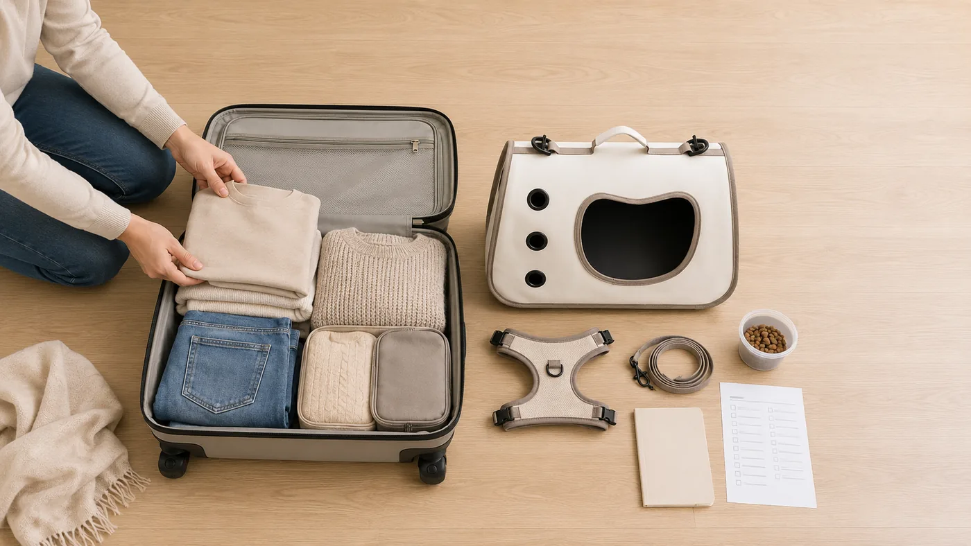 An open suitcase with folded clothes next to the carrier, a harness and a written checklist