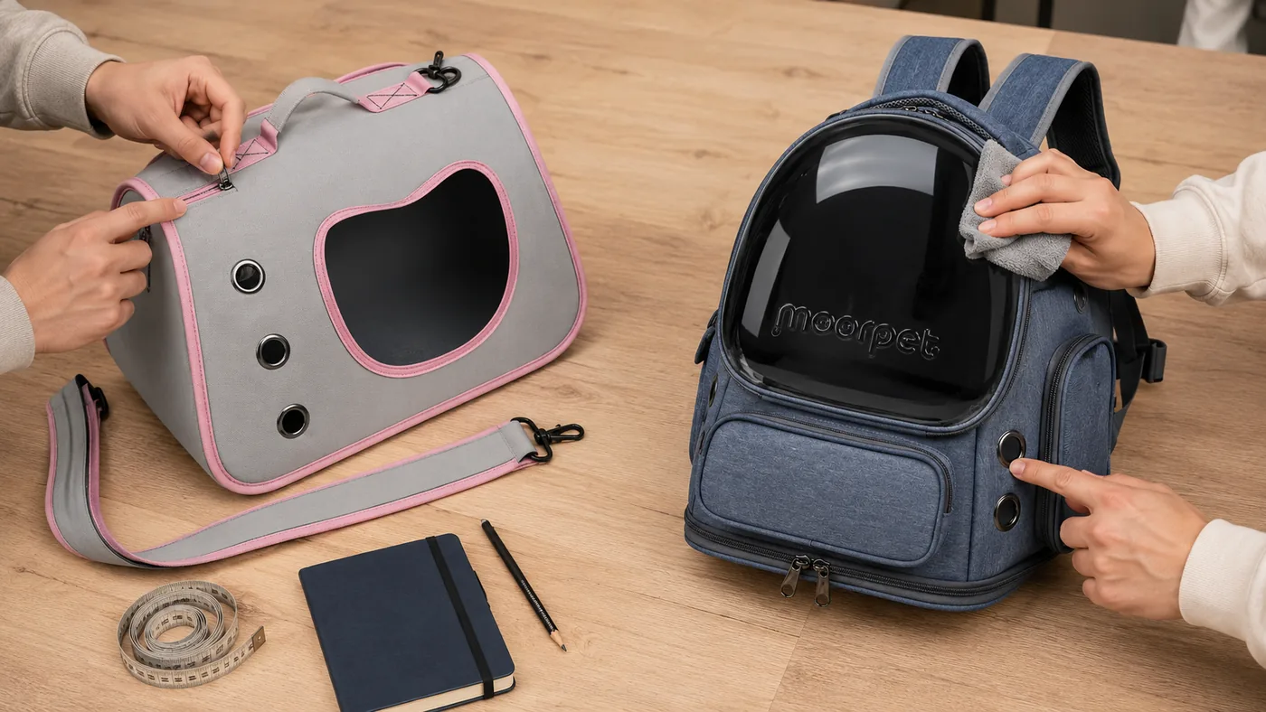 Two carriers laid out on a table with a notebook, being checked side by side