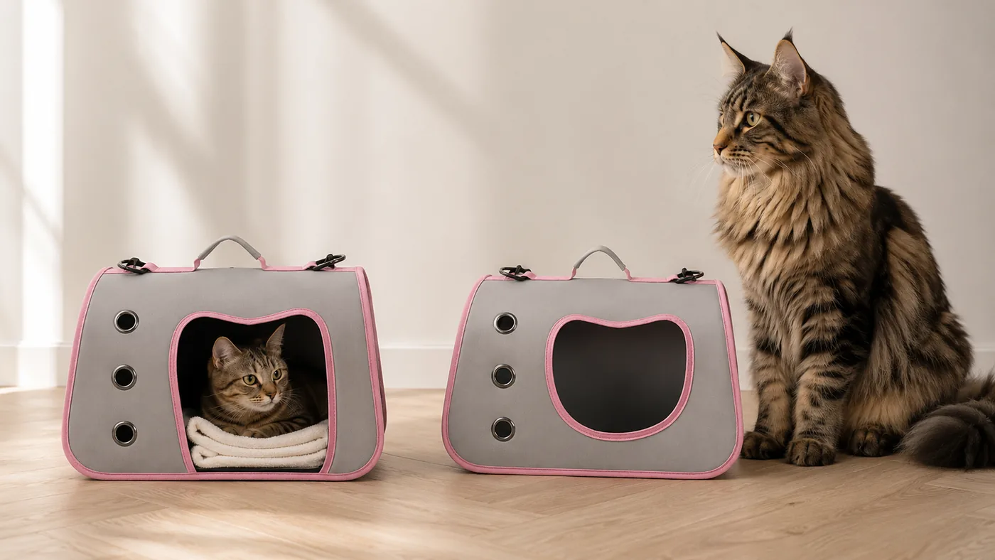 Two soft carriers side by side next to a large long-haired cat, showing the size limit