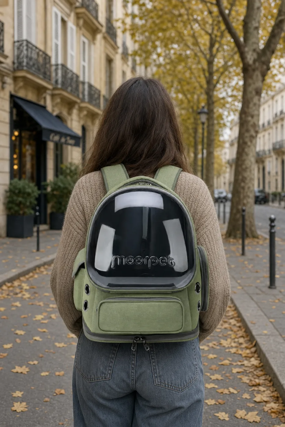 The backpack worn from behind along a tree-lined street, the cat visible in the bubble