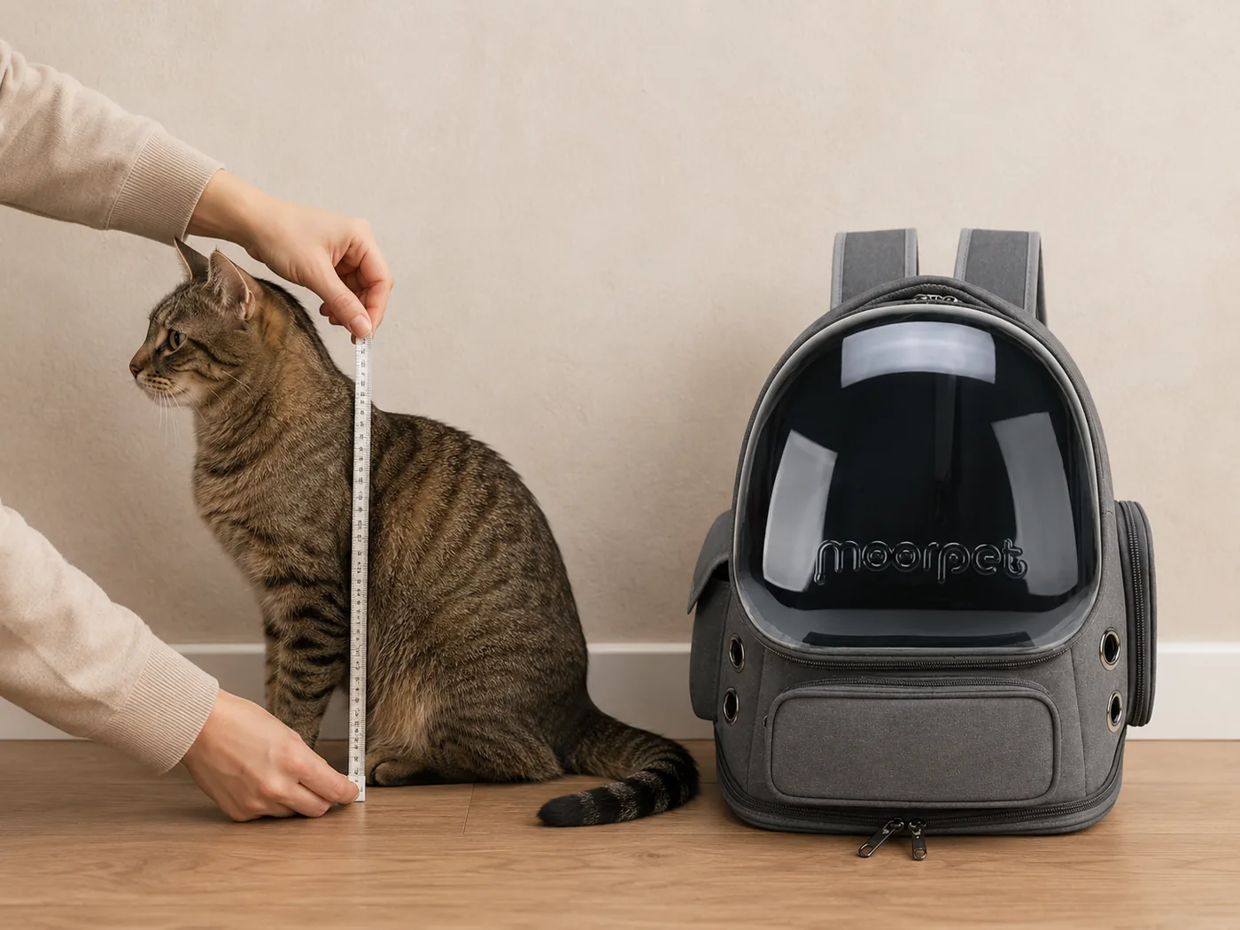A ruler held upright beside a seated cat to measure its height at the shoulder