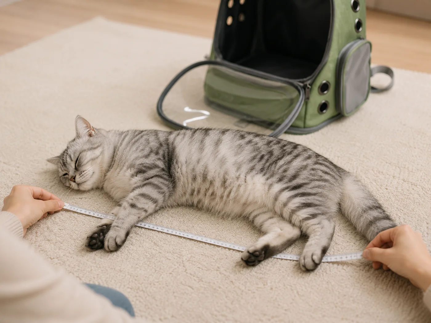 A tape measure laid along a lying cat to measure its body length