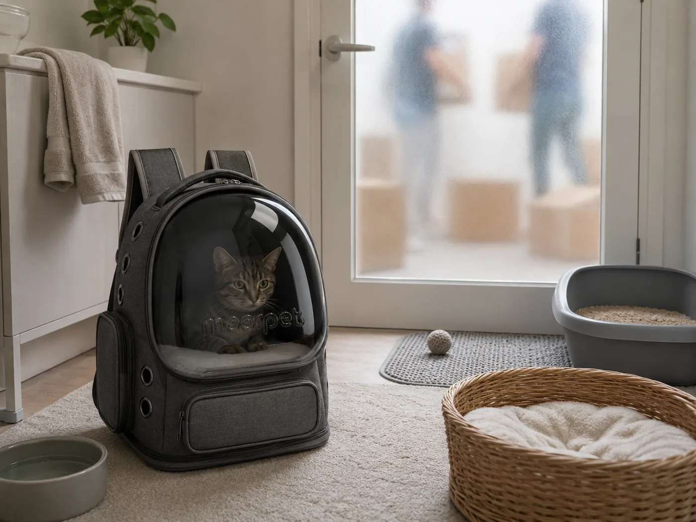 A quiet room set up for a cat with an open carrier, water bowl, litter tray and a basket