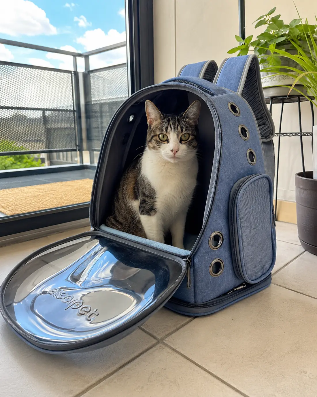 A cat sitting upright inside an open backpack carrier by a balcony door, watching outside