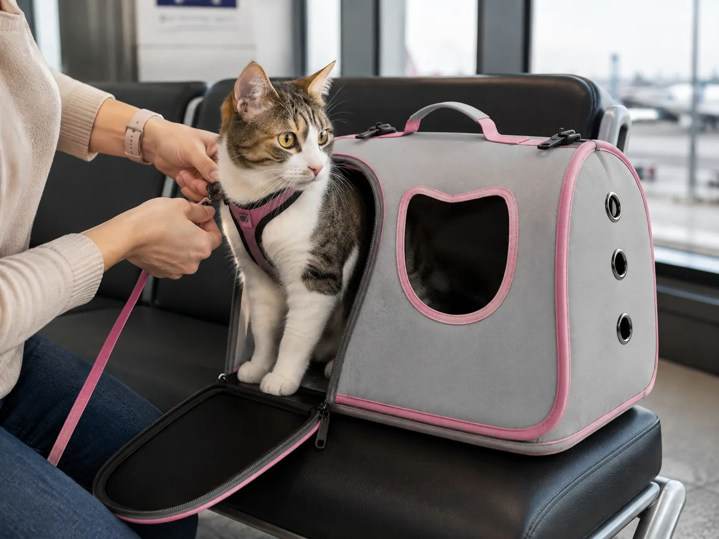 A cat in a harness being lifted out of a soft carrier at an airport security bench