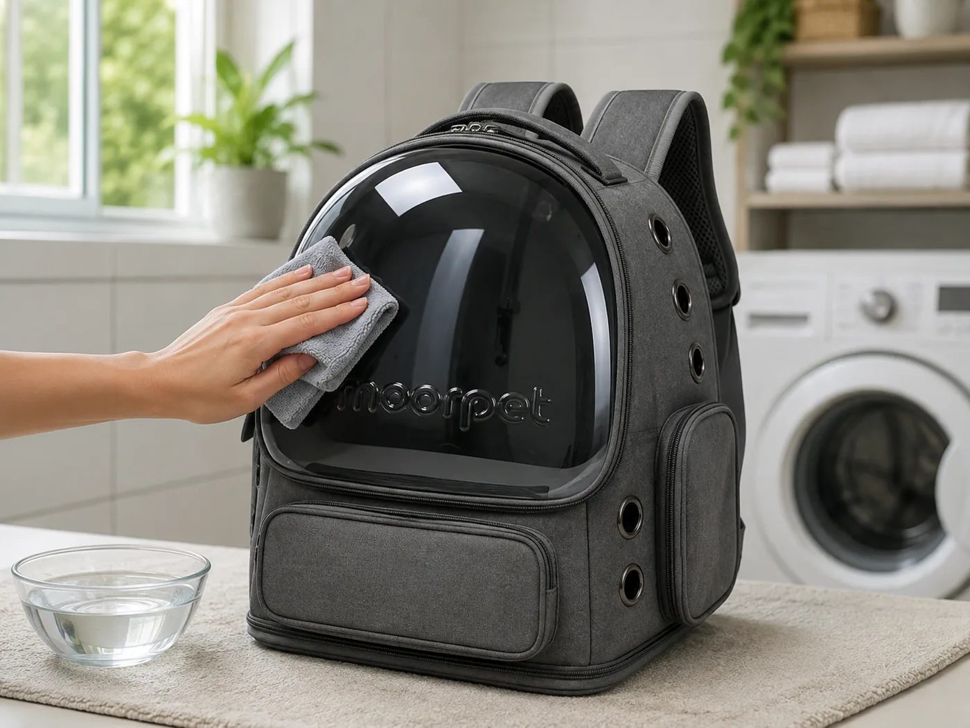 A hand wiping the clear bubble window of the backpack with a cloth