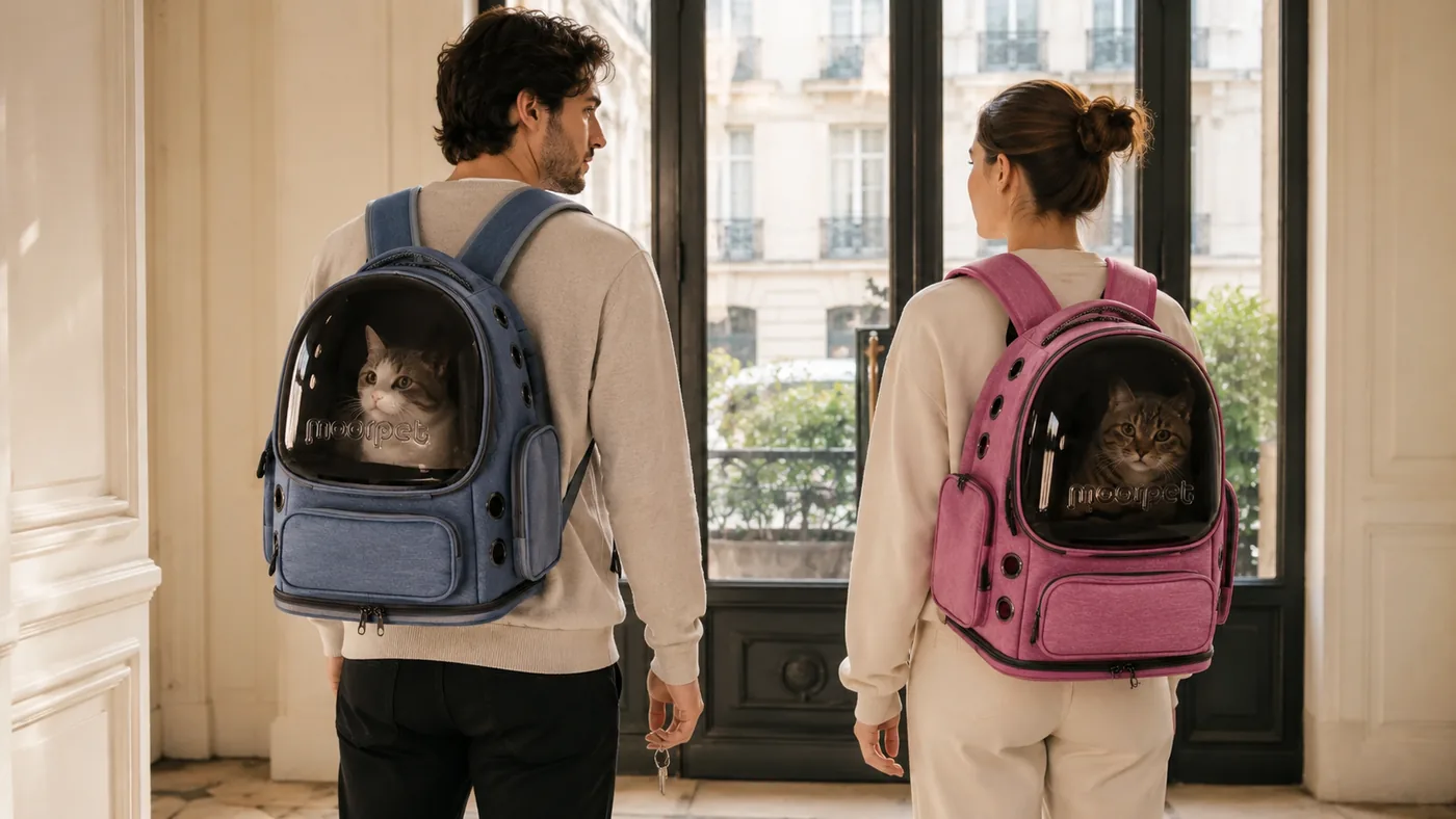 Two people each wearing a carrier with a cat inside, seen indoors by a window