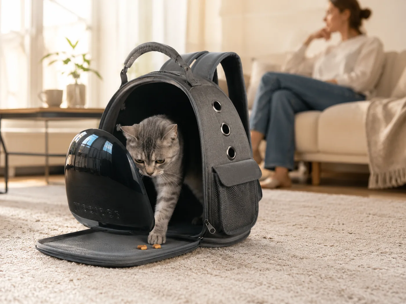 A cat stepping into an open carrier towards treats placed just inside the opening