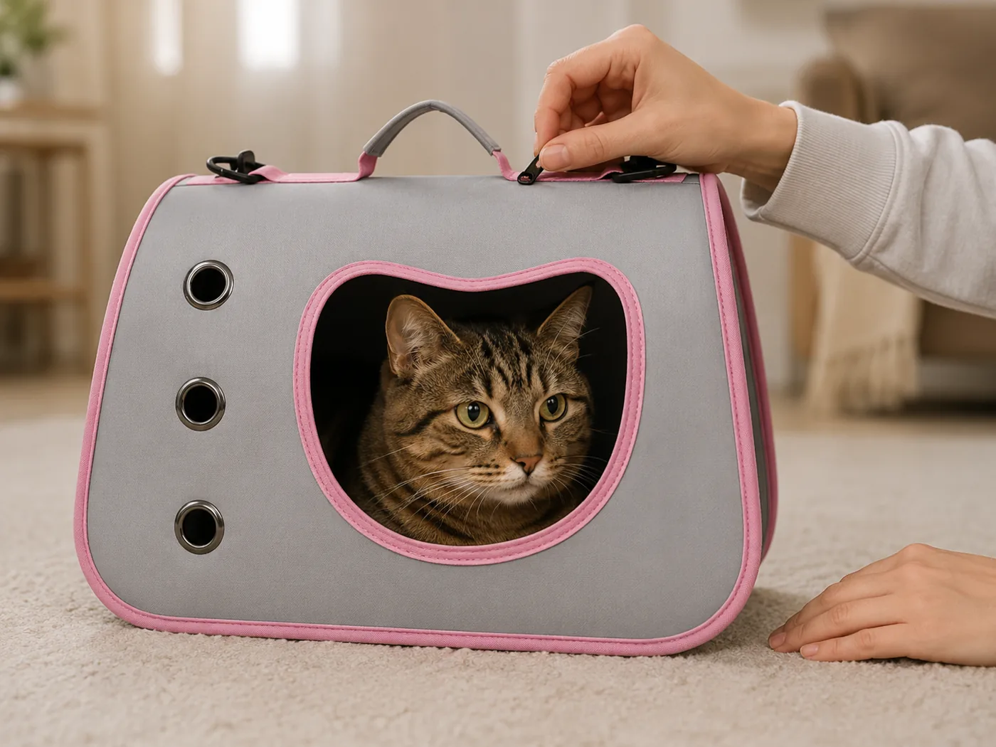 A hand closing the front panel of a carrier while a calm cat sits inside